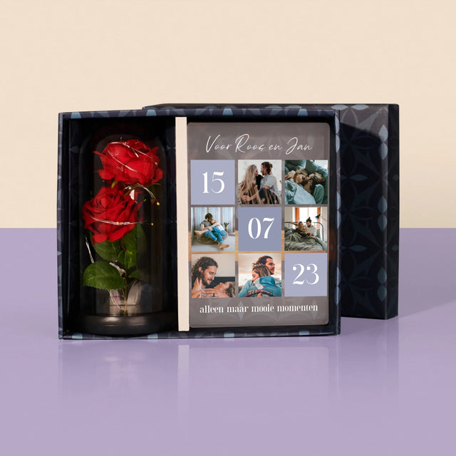 Fotocollage: Beste Momenten - Cadeauset Met Afruk Op Glas En Eeuwige Roos