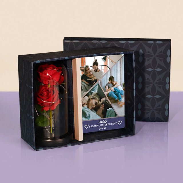 Fotocollage: Bedankt, Dat Je Er Bent - Cadeauset Met Afruk Op Glas En Eeuwige Roos