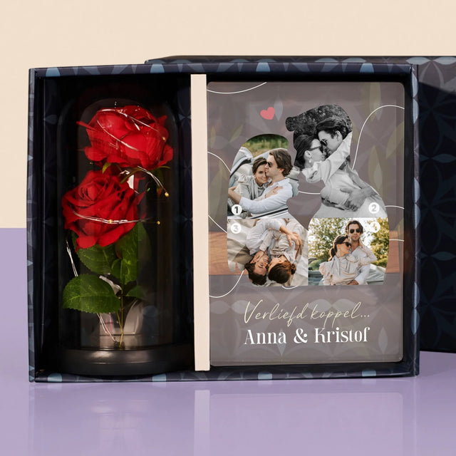 Vorm Van Foto'S: Verliefd Koppel - Cadeauset Met Afruk Op Glas En Eeuwige Roos