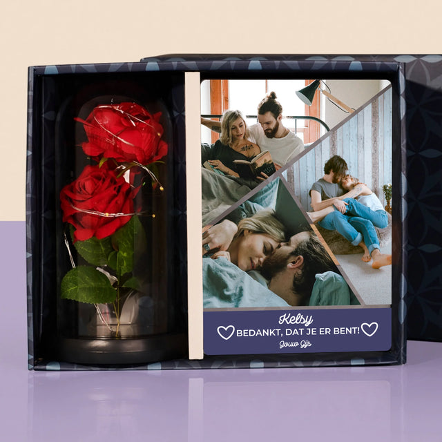 Fotocollage: Bedankt, Dat Je Er Bent - Cadeauset Met Afruk Op Glas En Eeuwige Roos