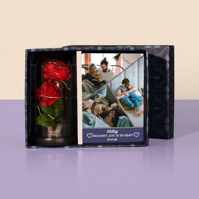 Fotocollage: Bedankt, Dat Je Er Bent - Cadeauset Met Afruk Op Glas En Eeuwige Roos