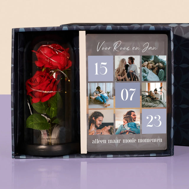 Fotocollage: Beste Momenten - Cadeauset Met Afruk Op Glas En Eeuwige Roos