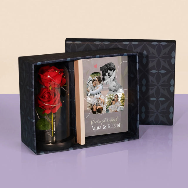 Vorm Van Foto'S: Verliefd Koppel - Cadeauset Met Afruk Op Glas En Eeuwige Roos
