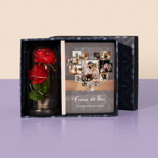 Fotocollage: Fotocollage Hart - Cadeauset Met Afruk Op Glas En Eeuwige Roos