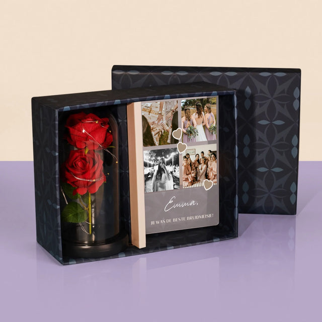 Fotocollage: Bedankt Collage, Bruidsmeisje - Cadeauset Met Afruk Op Glas En Eeuwige Roos