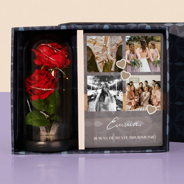 Fotocollage: Bedankt Collage, Bruidsmeisje - Cadeauset Met Afruk Op Glas En Eeuwige Roos