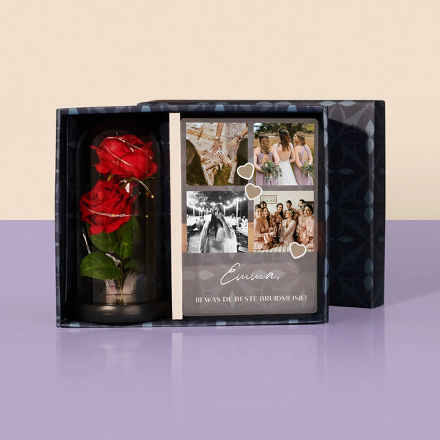 Fotocollage: Bedankt Collage, Bruidsmeisje - Cadeauset Met Afruk Op Glas En Eeuwige Roos