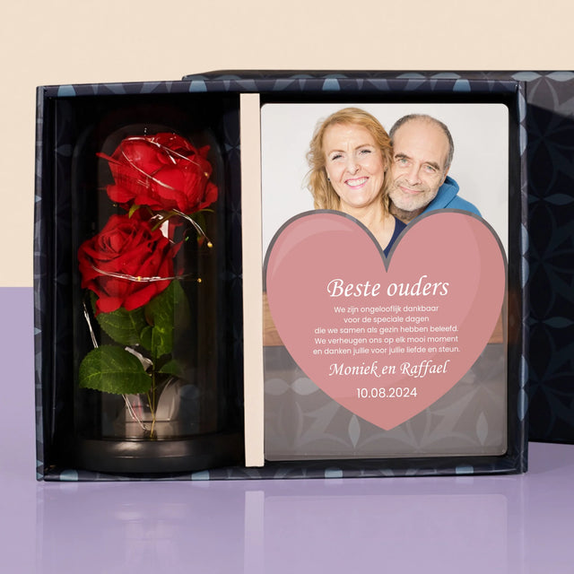 Foto En Handtekening: Beste Ouders - Cadeauset Met Afruk Op Glas En Eeuwige Roos