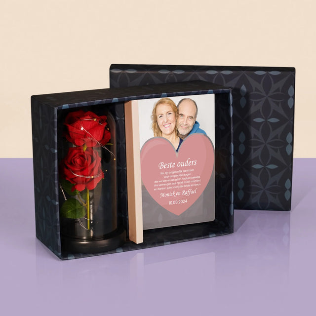 Foto En Handtekening: Beste Ouders - Cadeauset Met Afruk Op Glas En Eeuwige Roos