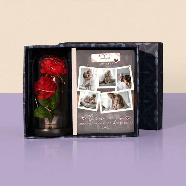 Fotocollage: Ik Hou Van Jou, Mama - Cadeauset Met Afruk Op Glas En Eeuwige Roos