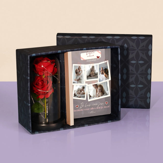 Fotocollage: Ik Hou Van Jou, Mama - Cadeauset Met Afruk Op Glas En Eeuwige Roos