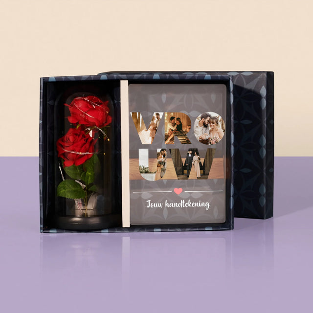 Woord Van Foto'S: Vrouw - Cadeauset Met Afruk Op Glas En Eeuwige Roos