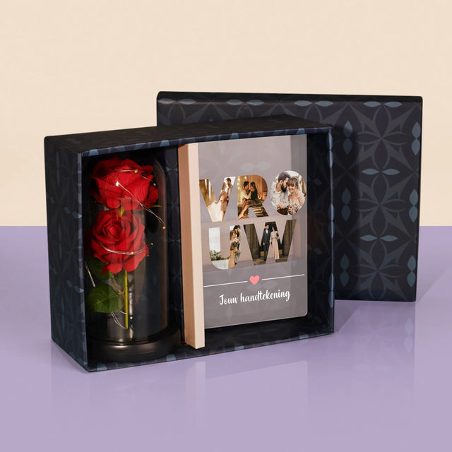 Woord Van Foto'S: Vrouw - Cadeauset Met Afruk Op Glas En Eeuwige Roos