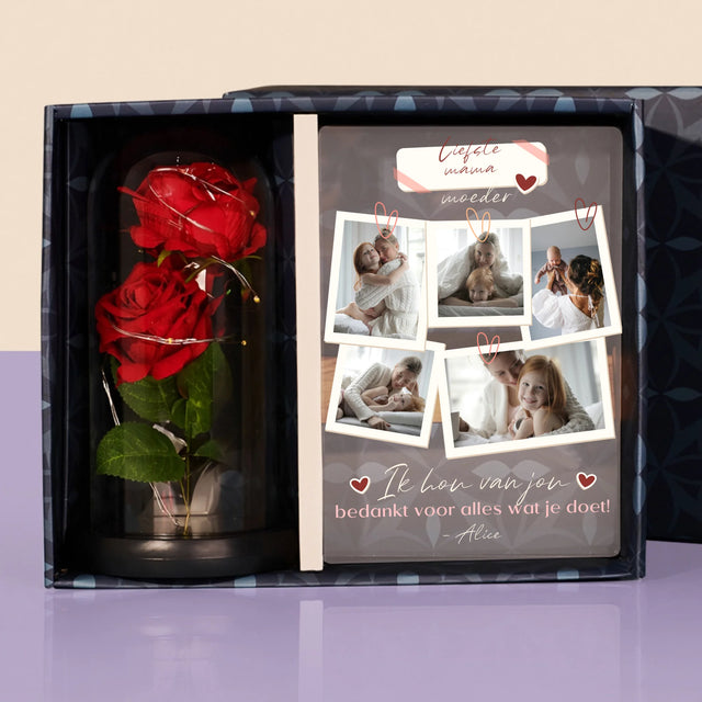 Fotocollage: Ik Hou Van Jou, Mama - Cadeauset Met Afruk Op Glas En Eeuwige Roos