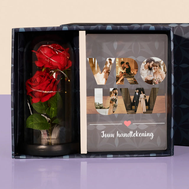 Woord Van Foto'S: Vrouw - Cadeauset Met Afruk Op Glas En Eeuwige Roos