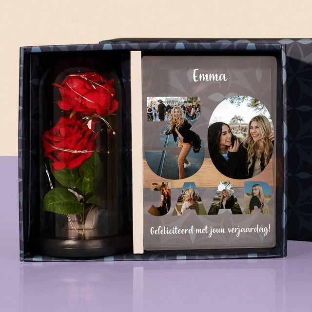 Woord Van Foto'S: 30 Jaar - Cadeauset Met Afruk Op Glas En Eeuwige Roos