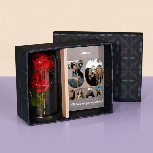 Woord Van Foto'S: 30 Jaar - Cadeauset Met Afruk Op Glas En Eeuwige Roos