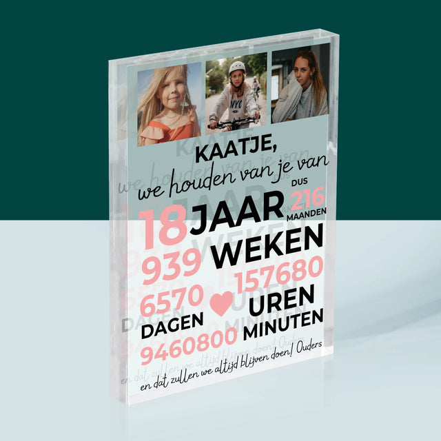 Fotocollage: We Houden Al 18 Jaar Van Je - Acryl Blok