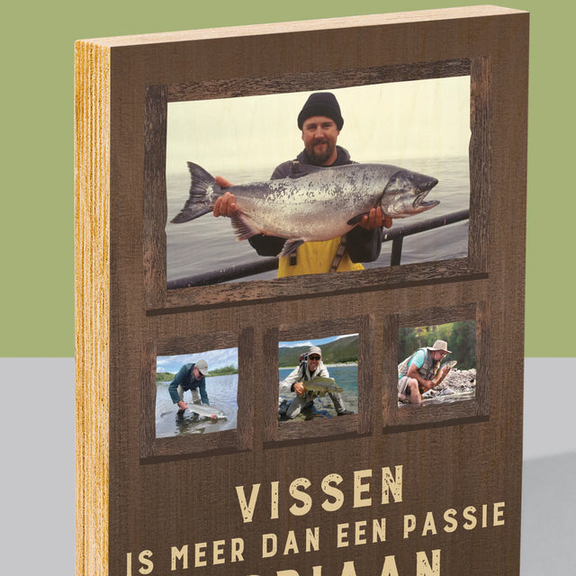 Fotocollage: Vissen Is Meer Dan Een Passie - Afdruk Op Hout (Verticaal)