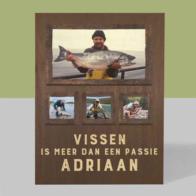 Fotocollage: Vissen Is Meer Dan Een Passie - Afdruk Op Hout (Verticaal)