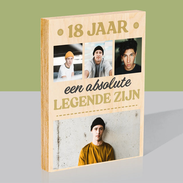 Fotocollage: 18 Jaar Een Legende Zijn - Afdruk Op Hout (Verticaal)