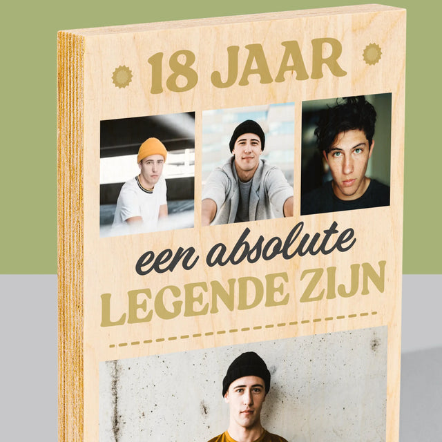 Fotocollage: 18 Jaar Een Legende Zijn - Afdruk Op Hout (Verticaal)
