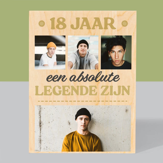 Fotocollage: 18 Jaar Een Legende Zijn - Afdruk Op Hout (Verticaal)