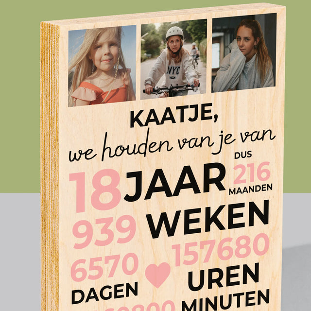 Fotocollage: We Houden Al 18 Jaar Van Je - Afdruk Op Hout (Verticaal)