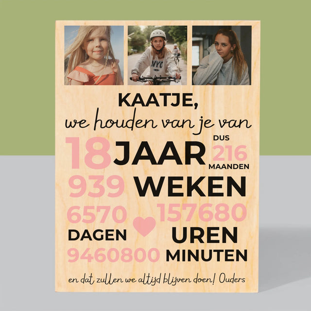 Fotocollage: We Houden Al 18 Jaar Van Je - Afdruk Op Hout (Verticaal)