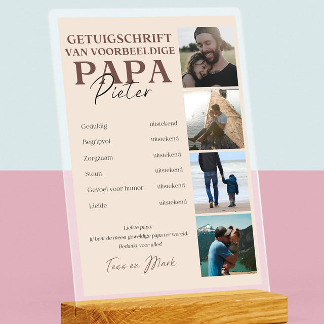 Fotocollage: Getuigschrift Van Voorbeeldige Papa - Afdruk Op Acrylglas (Verticaal)