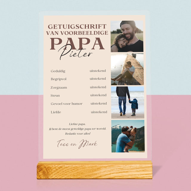 Fotocollage: Getuigschrift Van Voorbeeldige Papa - Afdruk Op Acrylglas (Verticaal)