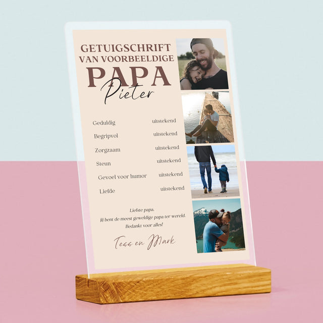 Fotocollage: Getuigschrift Van Voorbeeldige Papa - Afdruk Op Acrylglas (Verticaal)
