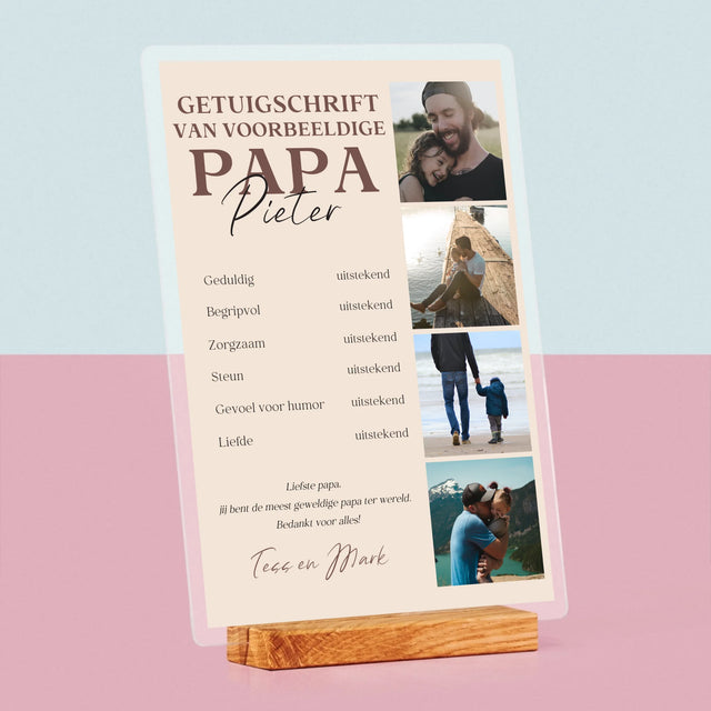 Fotocollage: Getuigschrift Van Voorbeeldige Papa - Afdruk Op Acrylglas (Verticaal)
