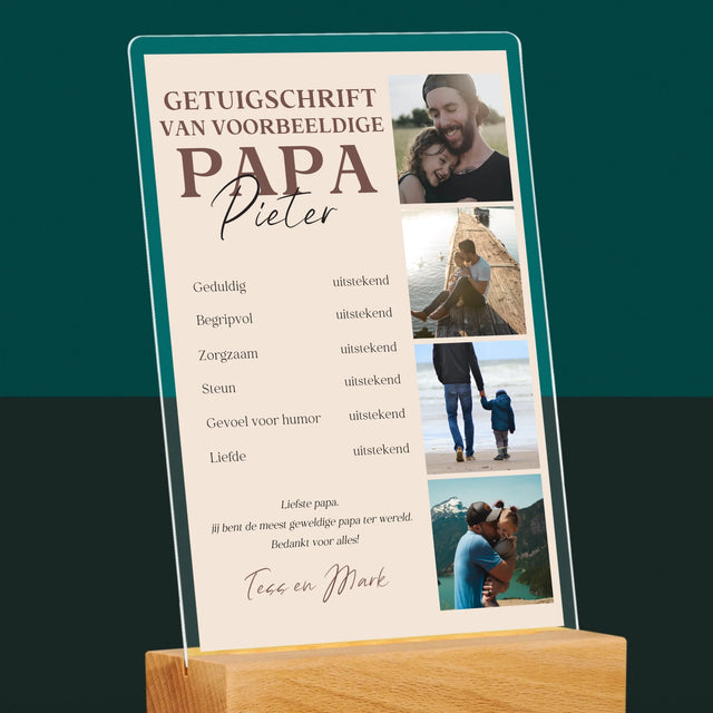 Fotocollage: Getuigschrift Van Voorbeeldige Papa - Afdruk Op Acrylglas (Verticaal)