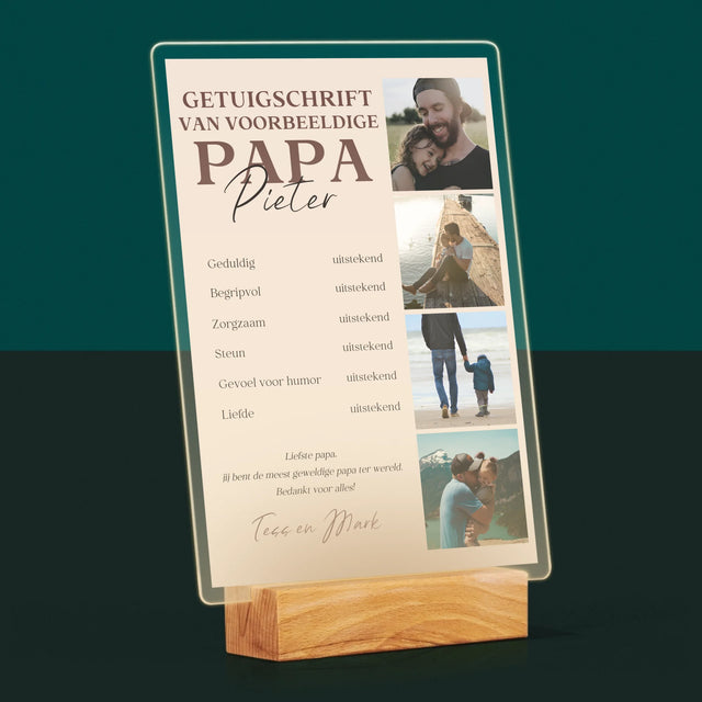 Fotocollage: Getuigschrift Van Voorbeeldige Papa - Afdruk Op Acrylglas (Verticaal)