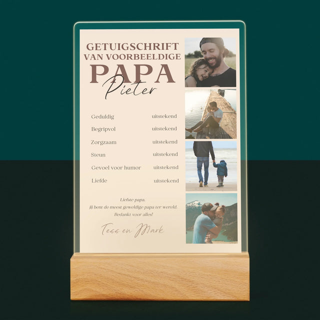 Fotocollage: Getuigschrift Van Voorbeeldige Papa - Afdruk Op Acrylglas (Verticaal)