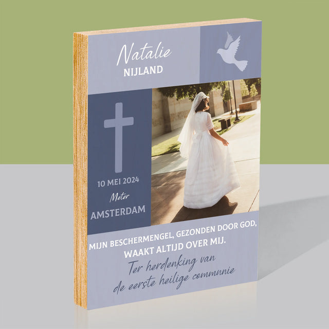 Foto En Handtekening: Communie, Beschermengel - Afdruk Op Hout (Verticaal)