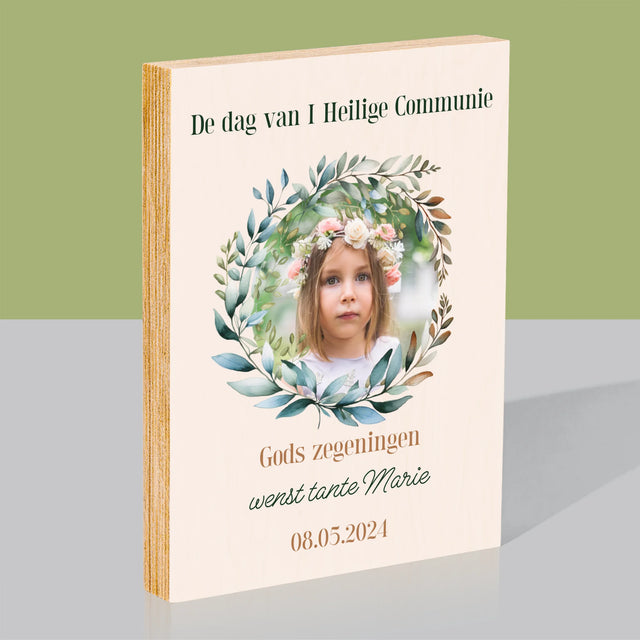 Foto En Handtekening: Op De Dag Van I Heilige Communie - Afdruk Op Hout (Verticaal)