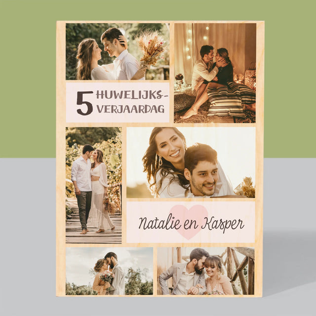 Fotocollage: 5De Huwelijksverjaardag - Afdruk Op Hout (Verticaal)