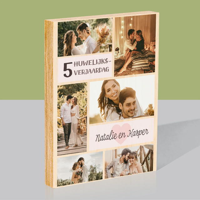 Fotocollage: 5De Huwelijksverjaardag - Afdruk Op Hout (Verticaal)