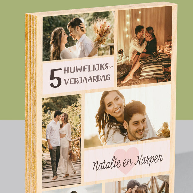 Fotocollage: 5De Huwelijksverjaardag - Afdruk Op Hout (Verticaal)