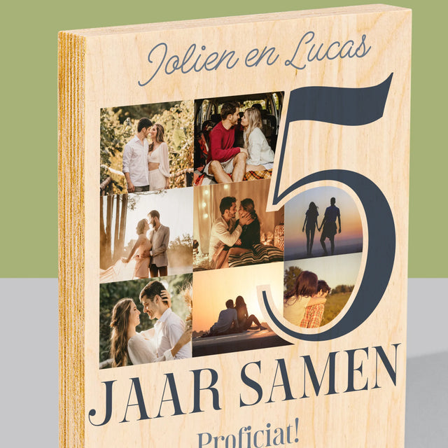 Fotocollage: 5 Jaar Samen - Afdruk Op Hout (Verticaal)