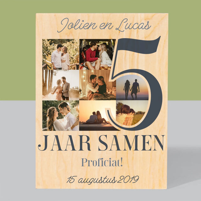 Fotocollage: 5 Jaar Samen - Afdruk Op Hout (Verticaal)