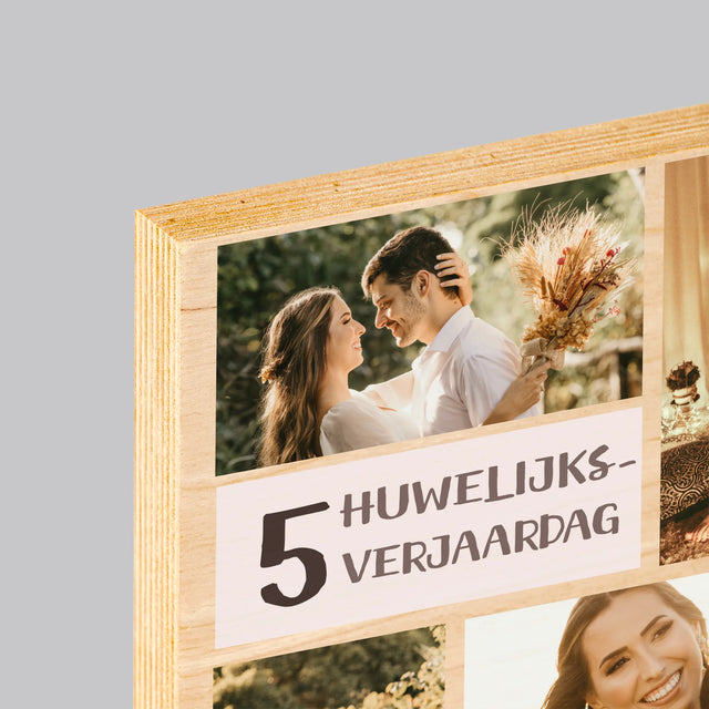 Fotocollage: 5De Huwelijksverjaardag - Afdruk Op Hout (Verticaal)