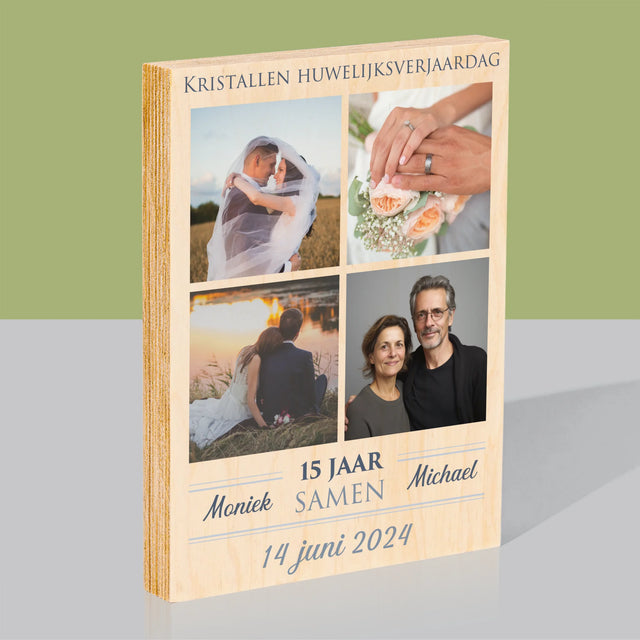 Fotocollage: 15 Jaar Samen - Afdruk Op Hout (Verticaal)
