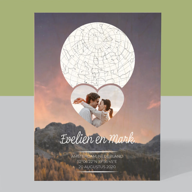 Starrenkaart: Verliefden Op De Bergen - Afdruk Op Hout (Verticaal)