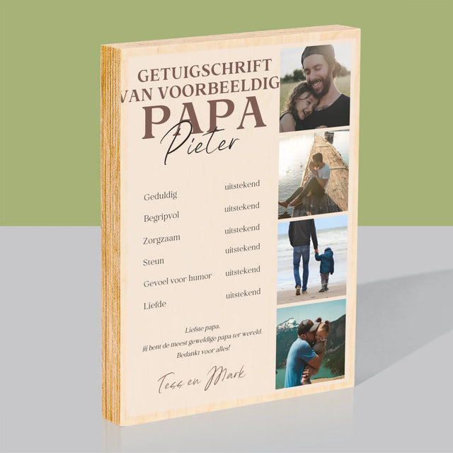 Fotocollage: Getuigschrift Van Voorbeeldige Papa - Afdruk Op Hout (Verticaal)