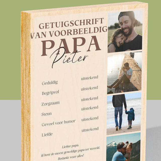 Fotocollage: Getuigschrift Van Voorbeeldige Papa - Afdruk Op Hout (Verticaal)