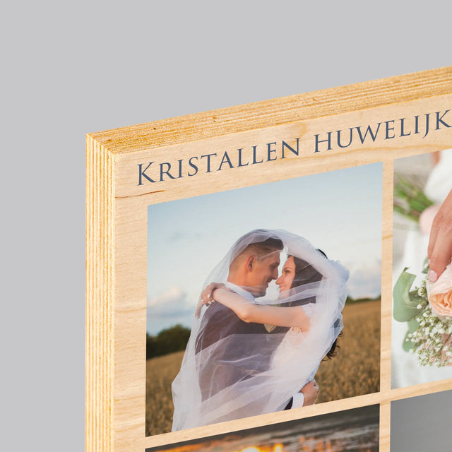 Fotocollage: 15 Jaar Samen - Afdruk Op Hout (Verticaal)