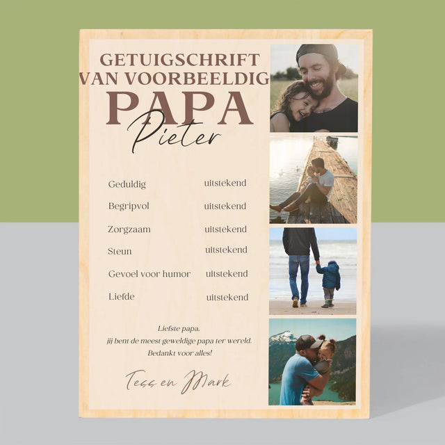 Fotocollage: Getuigschrift Van Voorbeeldige Papa - Afdruk Op Hout (Verticaal)